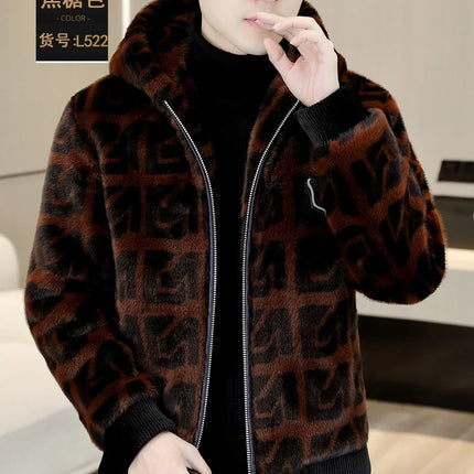 Autumn Winter Faux Fur Hooded Jacket Men Fashion Social Faux Mink Fur Casual Business Jacket Thick Warm Outdoor Windproof Coat