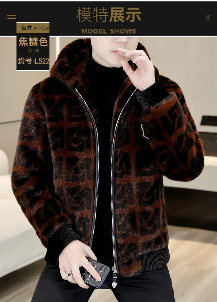 Autumn Winter Faux Fur Hooded Jacket Men Fashion Social Faux Mink Fur Casual Business Jacket Thick Warm Outdoor Windproof Coat