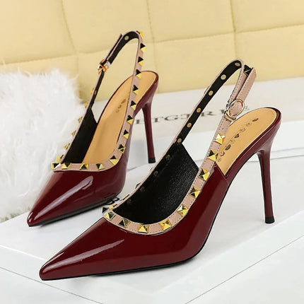 Donne 9.5 cm Tacchi alti Lady Pelle verniciata con borchie Tacco a spillo Singolo cinturino alla caviglia Tacchi Décolleté Scarpe da ballo traspiranti femminili platinumshop