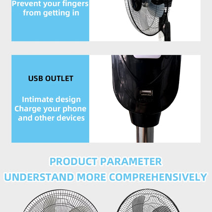 Ventilatore da pavimento ad energia solare 6 - 12 ore di corsa Ventilatore da pavimento portatile regolabile a 3 velocità per porta USB di emergenza oscurante domestica e luce notturna