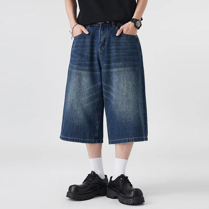 Pantaloncini Seven-Five in denim non elastico da uomo, vestibilità ampia, vestibilità ampia, versatile, stile semplice, casual