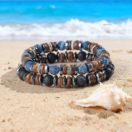 Set di braccialetti con perline in pietra naturale da uomo da 2 pezzi, gioielli da uomo in stile retrò fatto a mano all'aperto, regalo da uomo platinumshop
