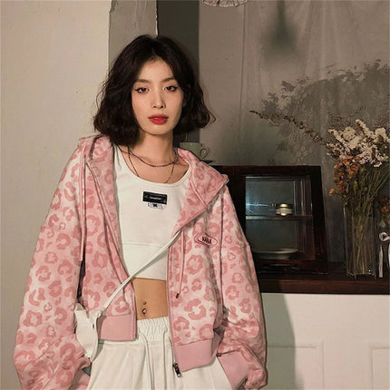 Cool Pink Leopard Print Hoodie Sweatshirt Women Spring Autumn Punk Hoodies Tops Females Outwear Clothes Zip Up Crop Tops Girl