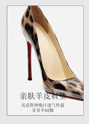 2025 New High Heels Women's Thin Heel French Sexy Leopard Pattern Internet Red Single Shoe 12CM Large Widening Thin Heel PlatiNum