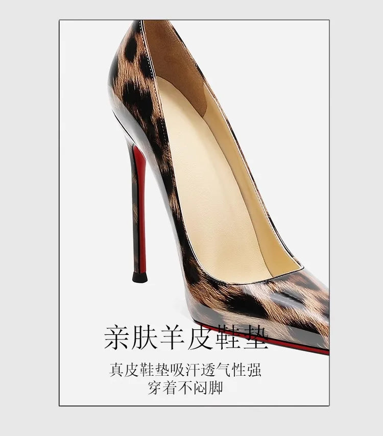 2025 New High Heels Women's Thin Heel French Sexy Leopard Pattern Internet Red Single Shoe 12CM Large Widening Thin Heel PlatiNum