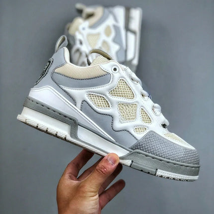 Unisex White‑Grey Mesh Leather Patchwork Low‑Top Sneakers, Geometric Cutout Thick Sole Lace‑Up Street Casual Skate Shoes