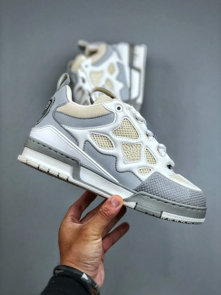 Unisex White‑Grey Mesh Leather Patchwork Low‑Top Sneakers, Geometric Cutout Thick Sole Lace‑Up Street Casual Skate Shoes