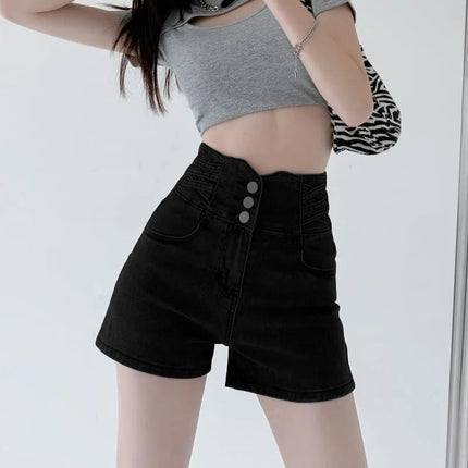 Women's super high waisted denim shorts for summer girls, new black A-line waist cinching slimming design, hot pants PlatiNum