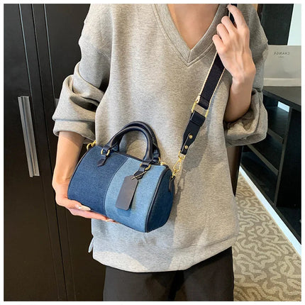 Patchwork Colorblock Mini Handbags For Women Denim Shoulder Cross Body Bags Casual Street Small Boston Bag 2025 Designer Purses PlatiNum