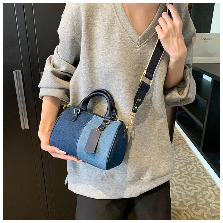 Patchwork Colorblock Mini Handbags For Women Denim Shoulder Cross Body Bags Casual Street Small Boston Bag 2025 Designer Purses PlatiNum