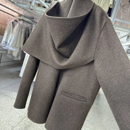 Newest Luxury Coffee Scarf Collar Wool Coat Women Loose Elegant Ladies Autumn Winter Jacket Causal Handmade Women's Jacket2025