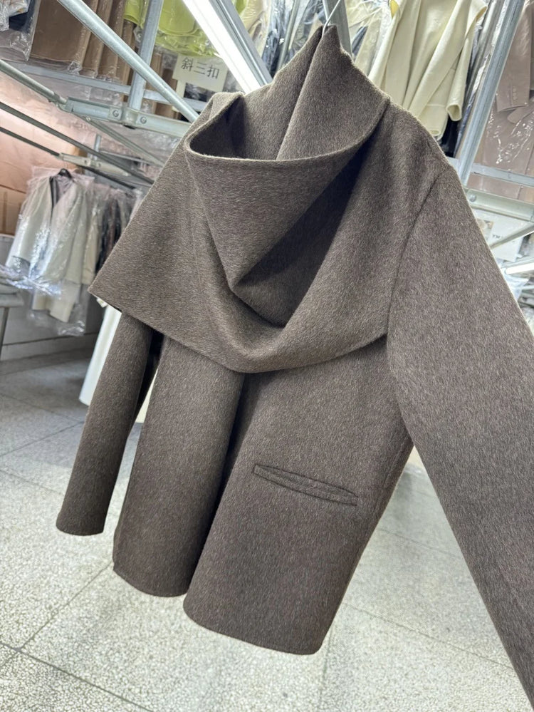 Newest Luxury Coffee Scarf Collar Wool Coat Women Loose Elegant Ladies Autumn Winter Jacket Causal Handmade Women's Jacket2025