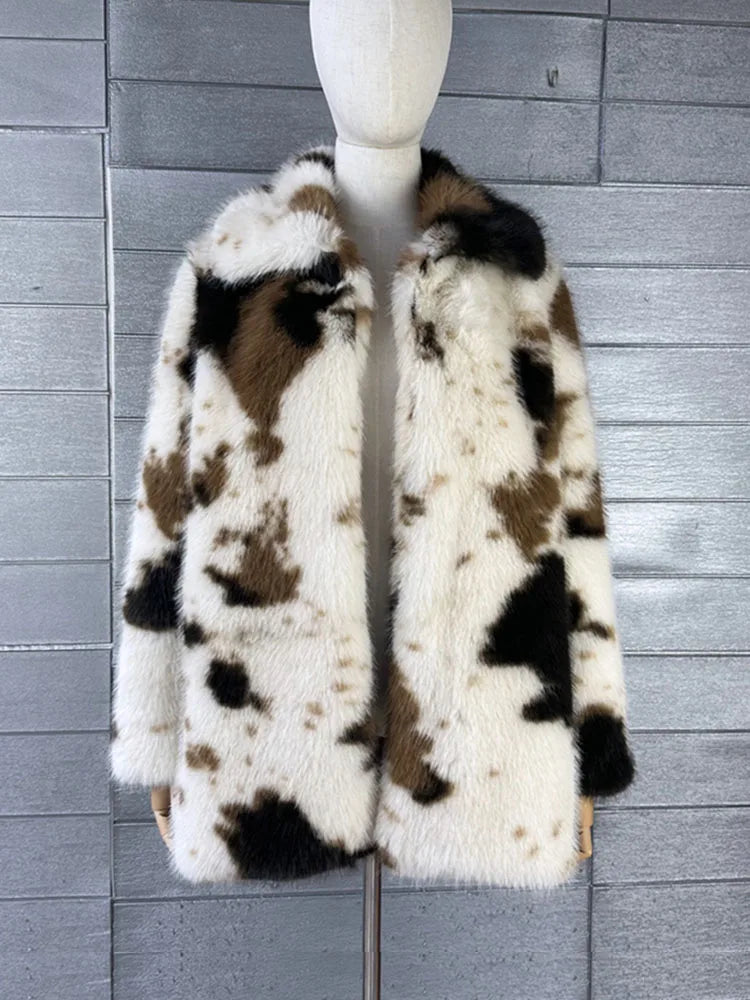 ZADORIN 2026 Chic Mid Long Cow Pattern Fluffy Faux Fur Coat Woman Lapel Loose Winter Fur Coats Woman Furry Jacket Fur Faux Coat