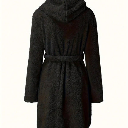 1 pezzo di vestaglia da donna con cappuccio in tinta unita con cintura, pigiama in pile accogliente e caldo per la casa in autunno e inverno.