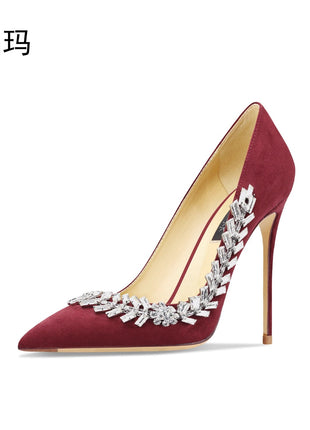 Scarpe da donna di lusso 2024 nuove pompe da donna in cristallo nero scamosciato scarpe a punta con strass tacchi alti moda Stiletto luxury Party Wo platinumshop