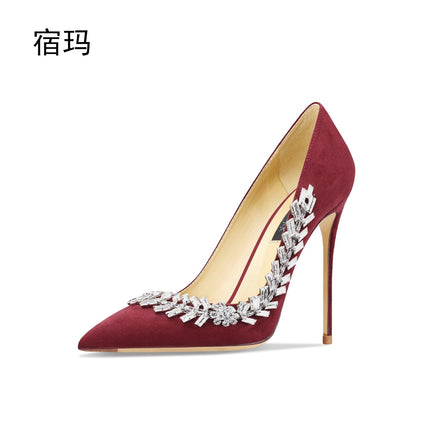 Scarpe da donna di lusso 2024 nuove pompe da donna in cristallo nero scamosciato scarpe a punta con strass tacchi alti moda Stiletto luxury Party Wo platinumshop