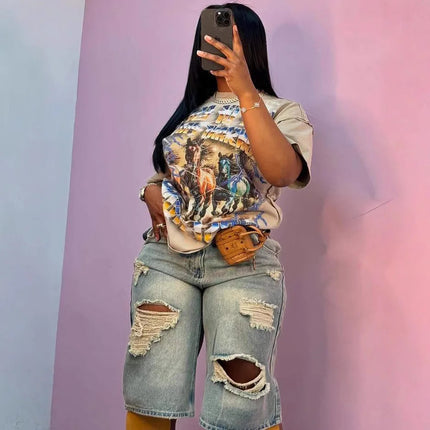 Europe America Summer New High-waisted Loose, Vintage, Ripped Denim Mid-length Straight-leg Wide-leg Pants. Casual Denim Shorts PlatiNum