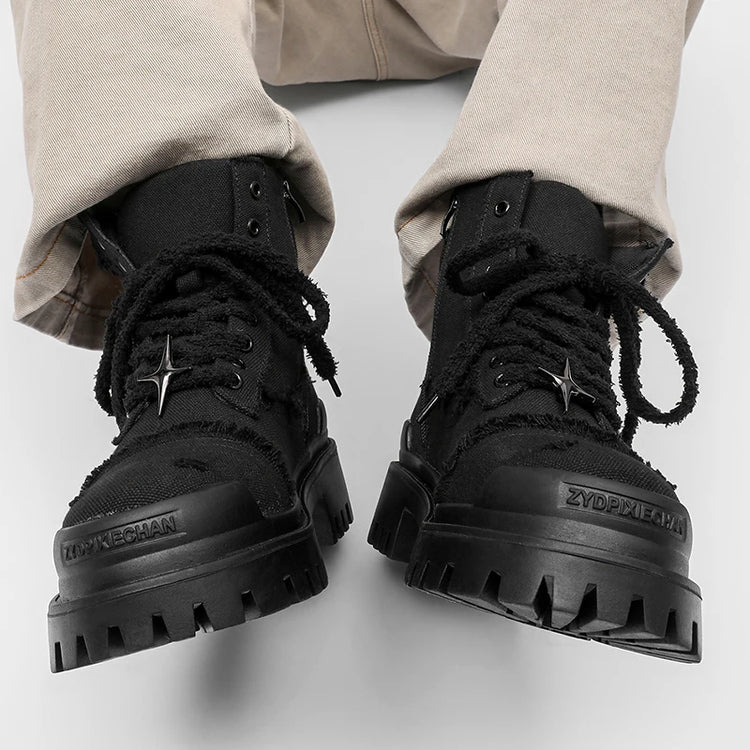 Four cornered star thick soled men high top boots European American anti kick height increasing anti slip retro motorcycle boots