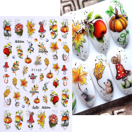 10pcs/set 3D Autumn Pumpkin Nail Stickers Maple Leaf Flower Self-Adhesive Nail Decal Slider Thanksgiving DIY Manicure Decoration