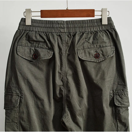 Men Elastic Drawstring Waist Jogger Cargo Pants Multi Button Pockets Vintage Washed Tapered Ankle Cuff Casual Street Trousers