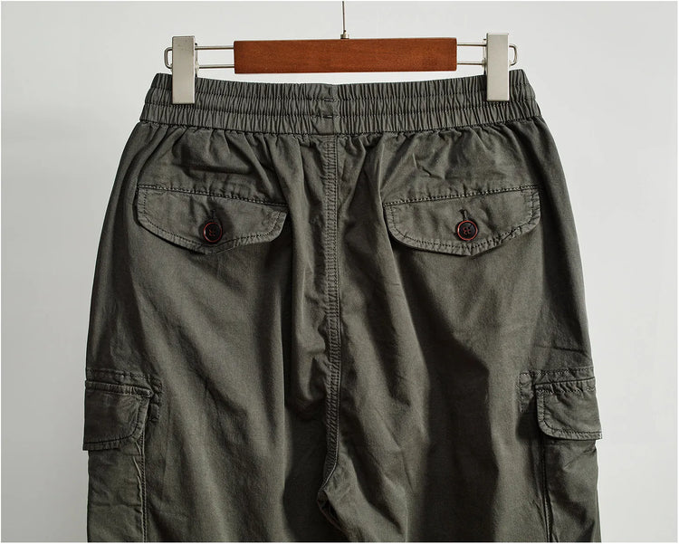 Men Elastic Drawstring Waist Jogger Cargo Pants Multi Button Pockets Vintage Washed Tapered Ankle Cuff Casual Street Trousers