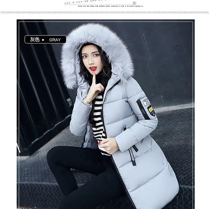 Women Winter Fur Collar Hooded Parka Coats Fashion Letter Patch Zipper Long Jacket Elegant Slim Warm Thick Female Snow Outerwear