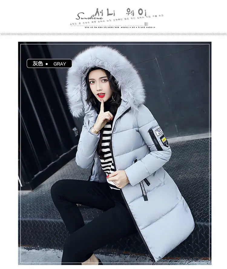 Women Winter Fur Collar Hooded Parka Coats Fashion Letter Patch Zipper Long Jacket Elegant Slim Warm Thick Female Snow Outerwear