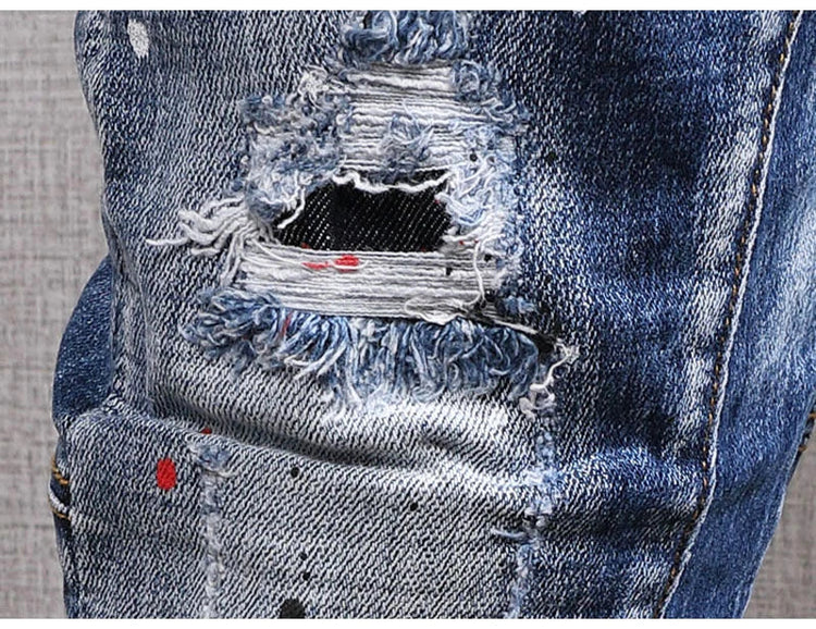 Fashion Streetwear Men Jeans Retro Black Blue Elastic Slim Fit Ripped Jeans Men Spliced Designer Embroidery Hip Hop Denim Pants PlatiNum