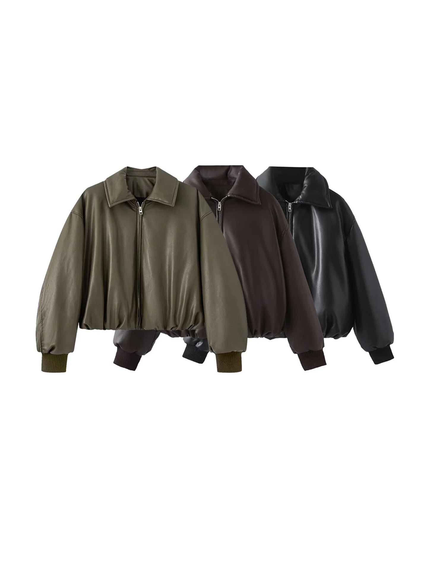 Women Green Leather Cropped Jacket Coat Vintage Streetwear Motorcycle Mustang Jacket 2000s Vintage Warm Thicke Outerwear Autumn