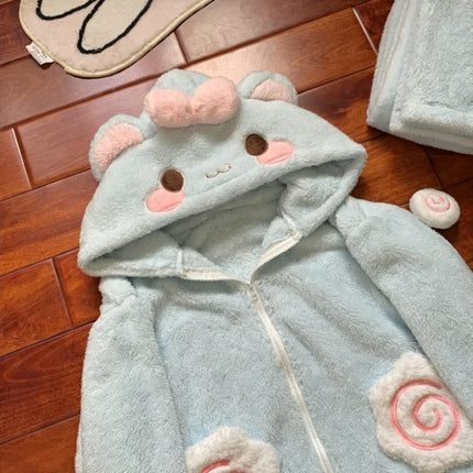 Autumn Winter Japanese Kawaii Harajuku Womens Coat Thicken Blue Sweet Cute Loose Hoodies Design Coral Fleece Korean Sweatshirts
