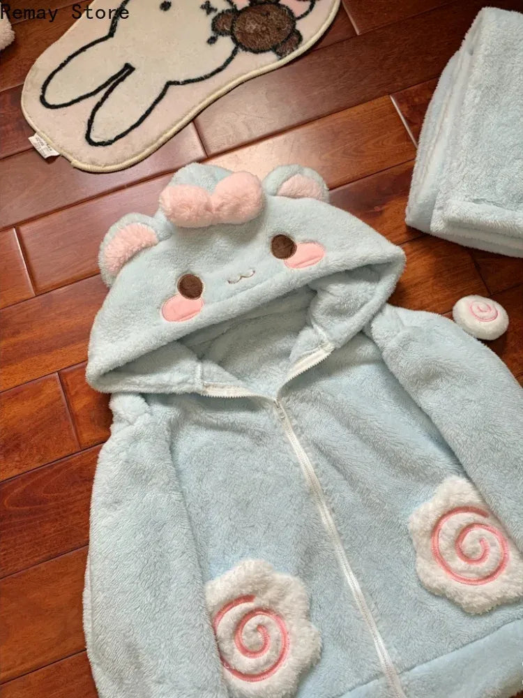 Autumn Winter Japanese Kawaii Harajuku Womens Coat Thicken Blue Sweet Cute Loose Hoodies Design Coral Fleece Korean Sweatshirts