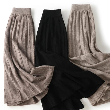 TLOML New Women's 100% Merino Wool Knitwear Wool Skirt Autumn Winter Long Pleated Skirt Grace Soft Warm Comfy Chic Dress Skirt PlatiNum