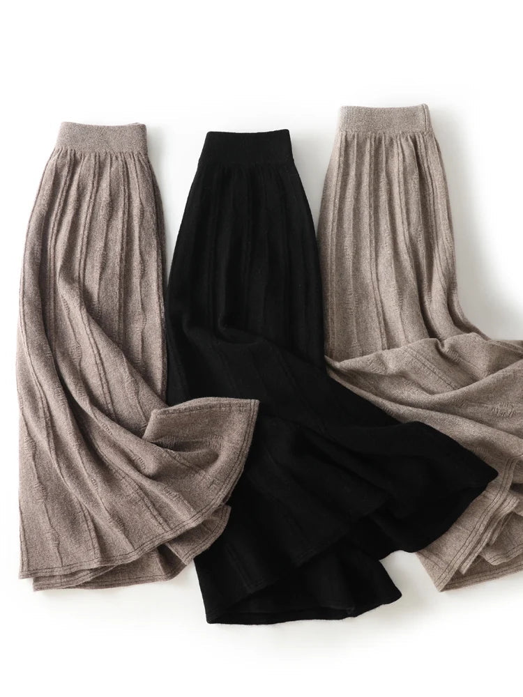 TLOML New Women's 100% Merino Wool Knitwear Wool Skirt Autumn Winter Long Pleated Skirt Grace Soft Warm Comfy Chic Dress Skirt PlatiNum