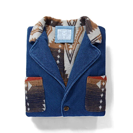 Men's Indigo Multi Pockets Jacket French Retro Blue Dye Lapel Thick Workwear Tooling Cardigan Coat plus Size for Autumn Winter