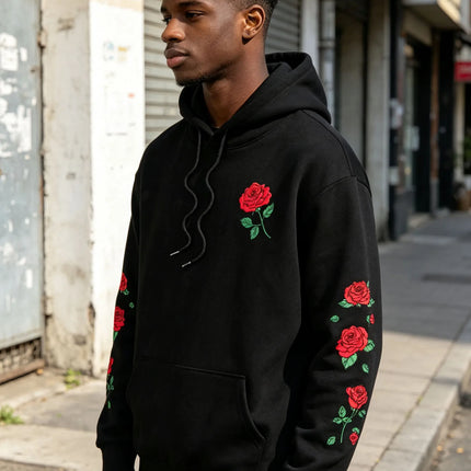 Men Rose Print Pullover Hoodie Casual Long Sleeve Streetwear Hip‑Hop Hooded Sweatshirt For Autumn Winter Women Warm Fleece Tops