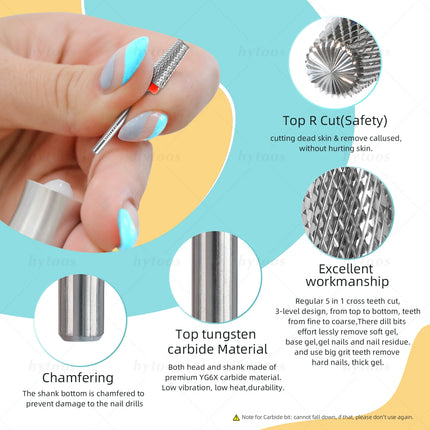 HYTOOS Tapered 5 in 1 Nail Drill Bit Cross Teeth Carbide Nail Bits Remove Gel Electric File Drills Machine Manicure Accessories