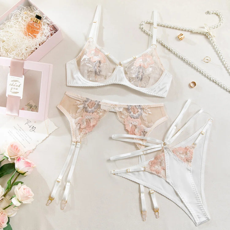 Krasapt Luxury Floral Embroidery Lingerie 2Pcs Sets Sensual Mesh See Through Bra And Panty Garter Erotic Suits Delicate Bilizna