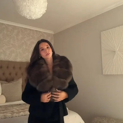 Brown Faux Fur Collar Wool Blend Belted Coats Elegant Wrap V Neck Long Sleeve Lace Up Jackets 2026 Lady Winter Autumn Outwear