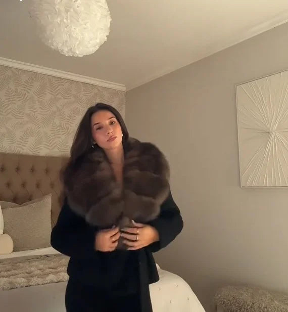 Women Wool Blend Coat Big Faux Fur Collar And Cuffs Belted Waist Wrap Loose Winter Jacket Thick Warm Elegant Lady Outerwears