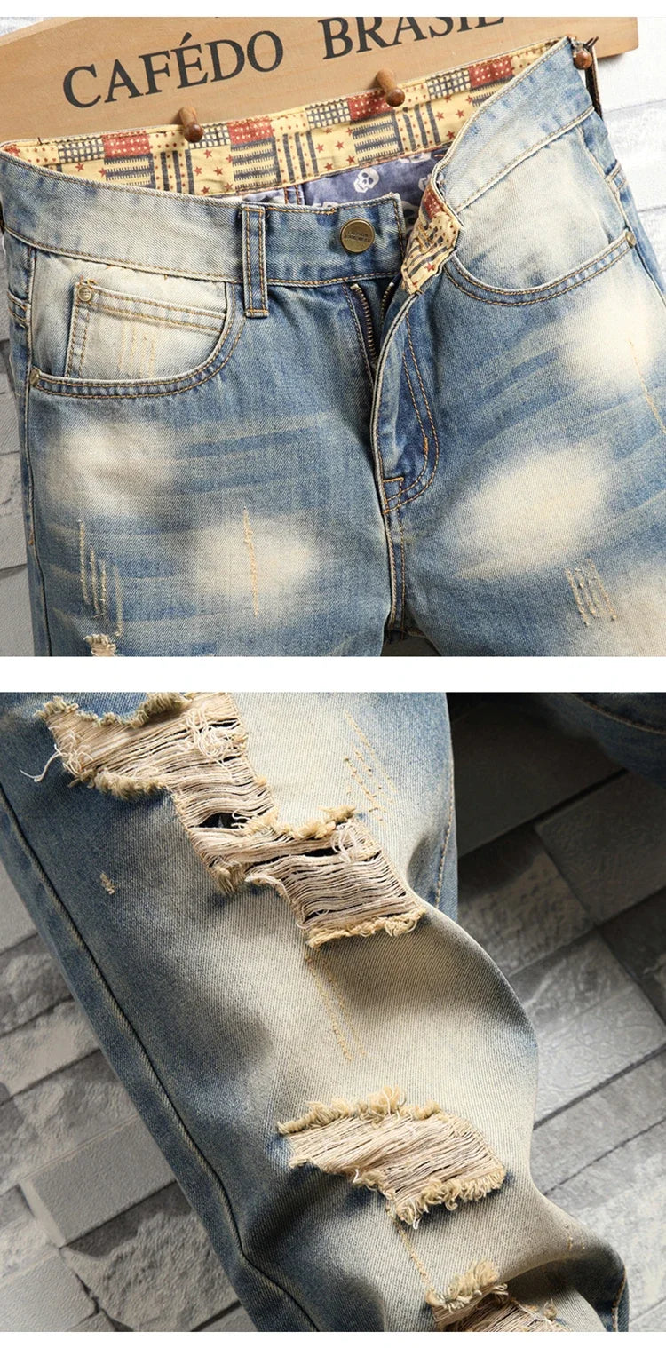 2024 New Retro Distressed Ripped Slim Jeans for Men Street Hip-hop Stretch Straight Fashion Motorcycle Denim Trousers Male PlatiNum