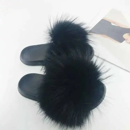 Real Raccoon Fur Slippers for Women 2023 Summer Fluffy Indoor Home Fuzzy Flat Slides Outdoor Fashion Beach Sandals Flip Flops