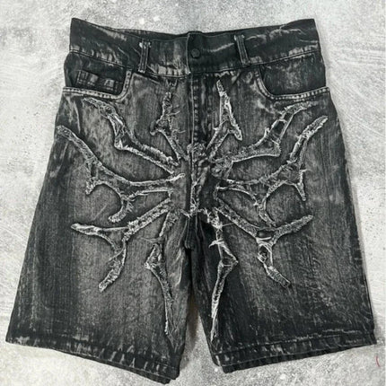 Pantaloncini Larghi Unisex Stile Gotico Retrò Y2K, Jeans Phantom con Ricamo a Ragno, Streetwear Hip Hop