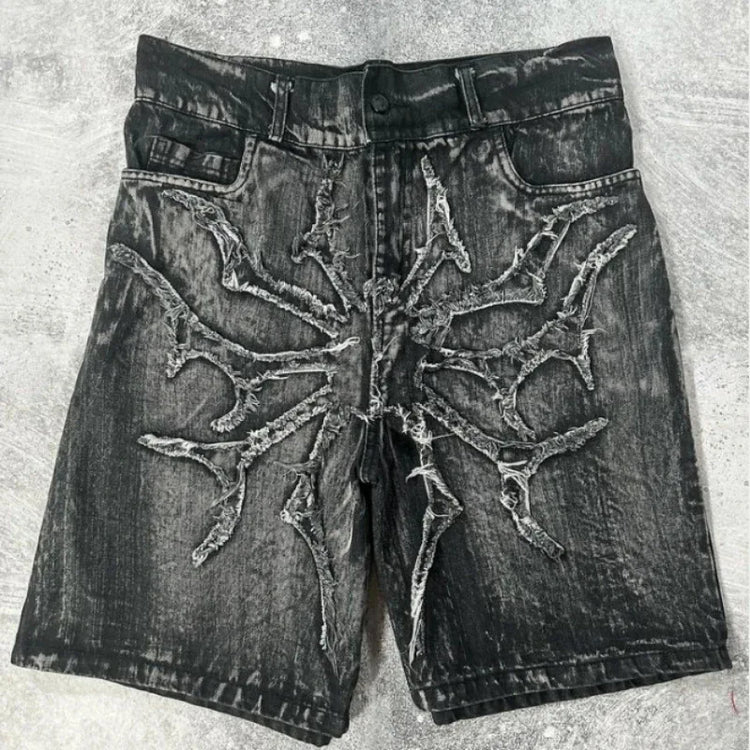 Pantaloncini Larghi Unisex Stile Gotico Retrò Y2K, Jeans Phantom con Ricamo a Ragno, Streetwear Hip Hop