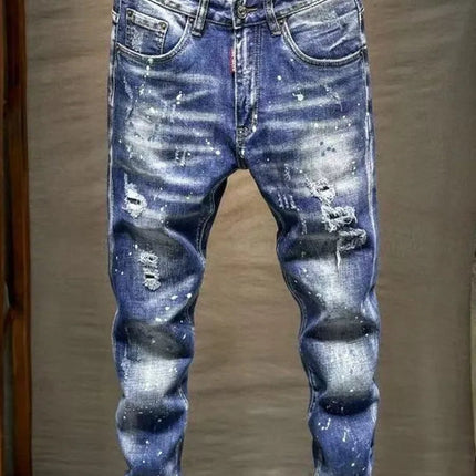 Spring and Autumn New Fashion Trend Ripped Retro Straight Leg Blue Jeans Men's Casual Loose Comfortable Breathable Denim Pants PlatiNum