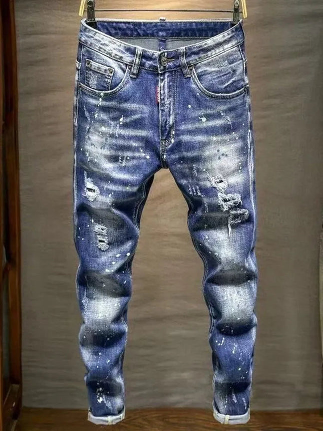 Spring and Autumn New Fashion Trend Ripped Retro Straight Leg Blue Jeans Men's Casual Loose Comfortable Breathable Denim Pants PlatiNum