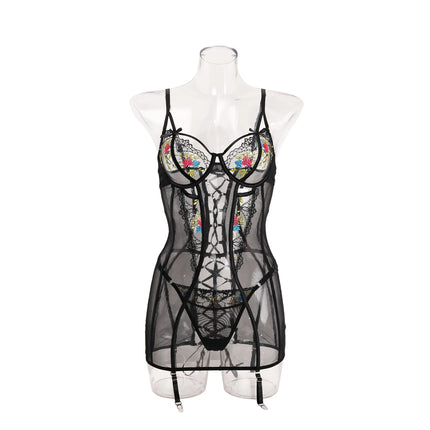 Women Mesh Sheer Lingerie Set Underwire Push Up Lace Back Garter Thong Sexy Bedroom Date Night Honeymoon Party Nightwear
