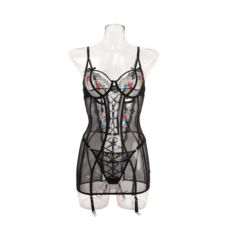 Women Mesh Sheer Lingerie Set Underwire Push Up Lace Back Garter Thong Sexy Bedroom Date Night Honeymoon Party Nightwear