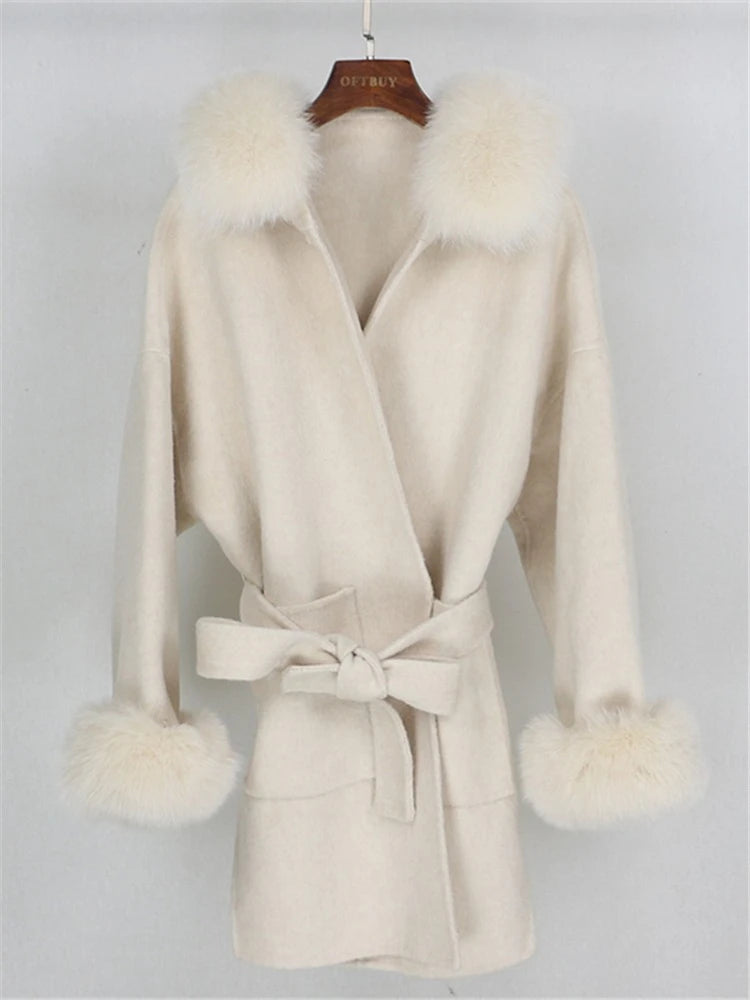 OFTBUY Omen Double Face Wool Coat Natural Fur Coat Wool Blend Jacket Winter Warm Elegant Long Sleeve Fur Cuffs Fashion Outerwear
