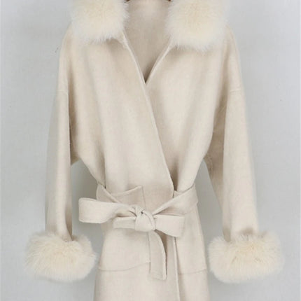 OFTBUY Omen Double Face Wool Coat Natural Fur Coat Wool Blend Jacket Winter Warm Elegant Long Sleeve Fur Cuffs Fashion Outerwear