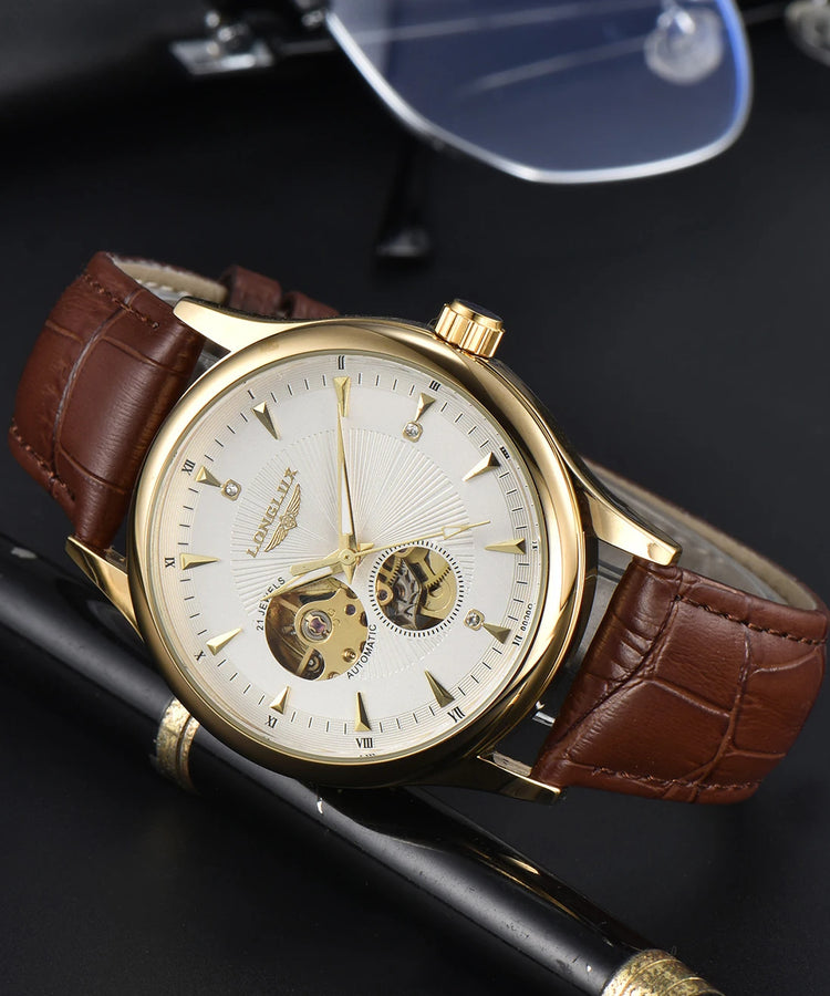 LONGLUX Automatic Watch Elegant Style Wholesale Mechanical Wristwatches Skeleton Rome Waterproof Mens Watch Men Gift